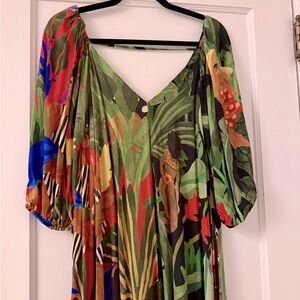 EUC - FARM Rio Green and Red Puff Sleeve Sundress - SIZE M